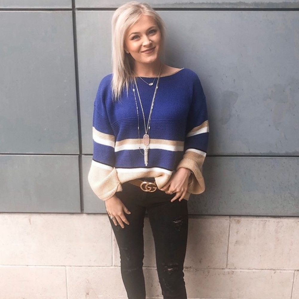 Yellow blue and white striped sweater